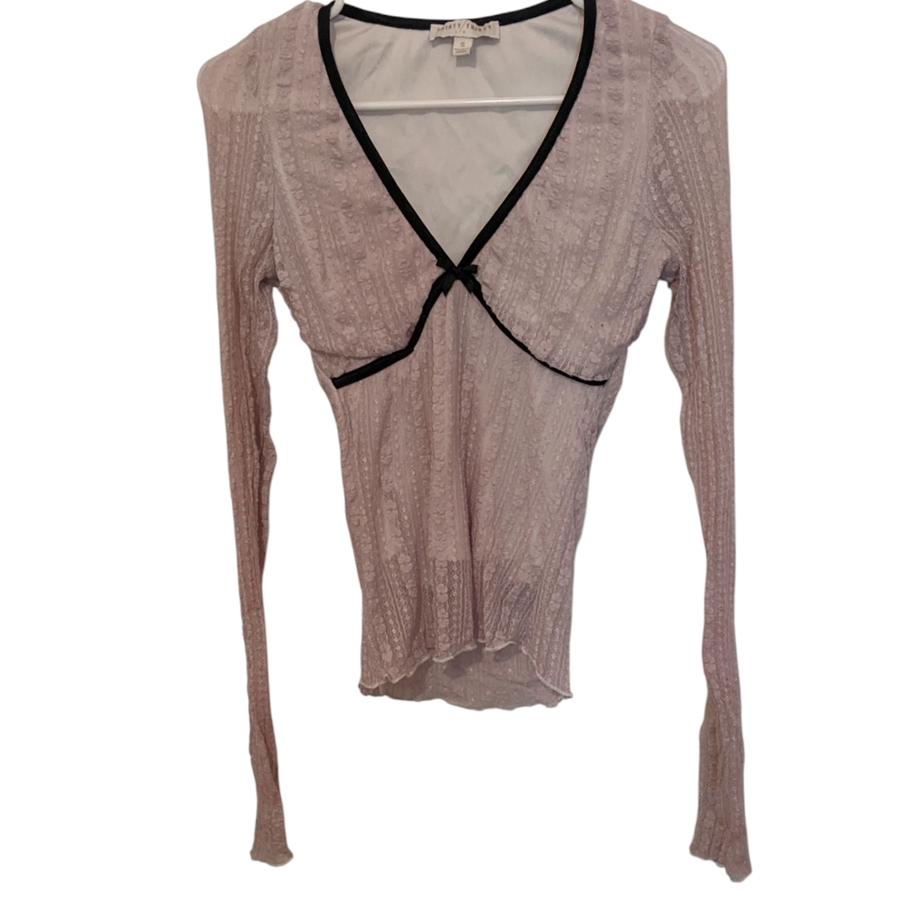 Purple Lace Bow Black Trim Lilac Floral Women's Long Sleeve Top Size Small